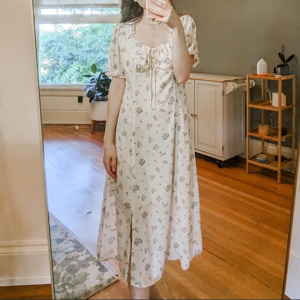 Magnolia Printed Floral Apricot Midi Dress | Simple Retro | Size M